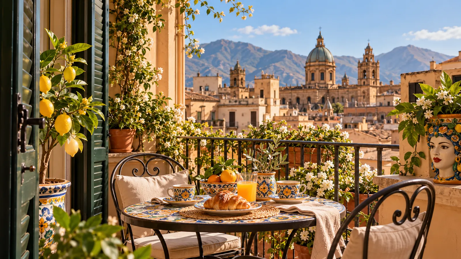 Colazione ricca in terrazza panoramica con vista cupole storiche palermitane