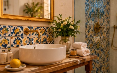 Bagno raffinato con ceramiche e maioliche siciliane d'autore