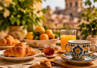 Dettaglio colazione con cornetti freschi, frutta di stagione e caffè