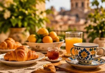 Dettaglio colazione con cornetti freschi, frutta di stagione e caffè