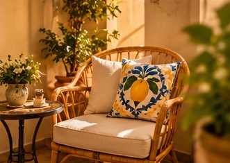 Angolo relax con poltrona in vimini e cuscino con limone siciliano ricamato