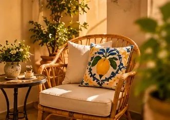 Angolo relax con poltrona in vimini e cuscino con limone siciliano ricamato