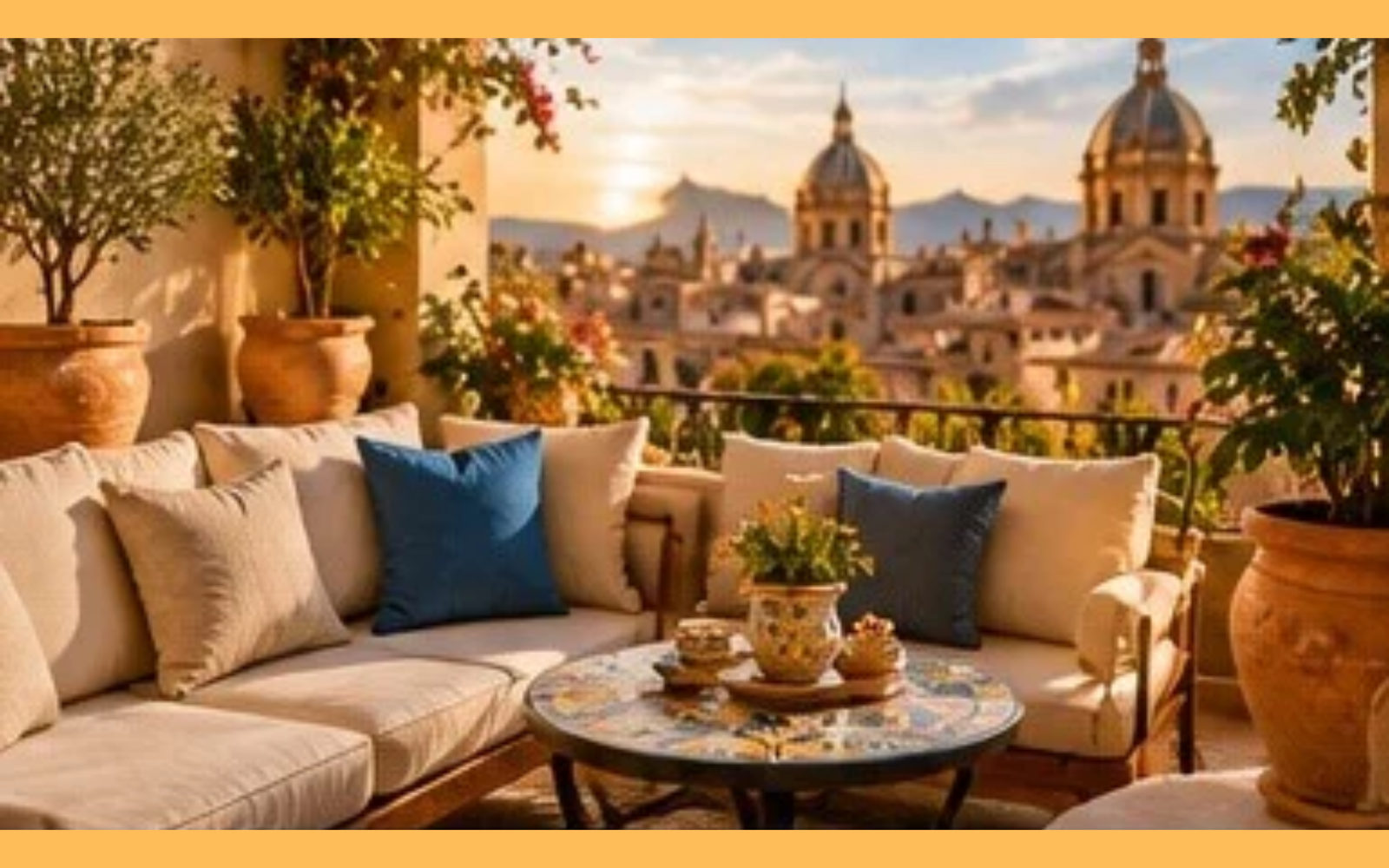 Salottino lounge all'aperto sulla terrazza al tramonto