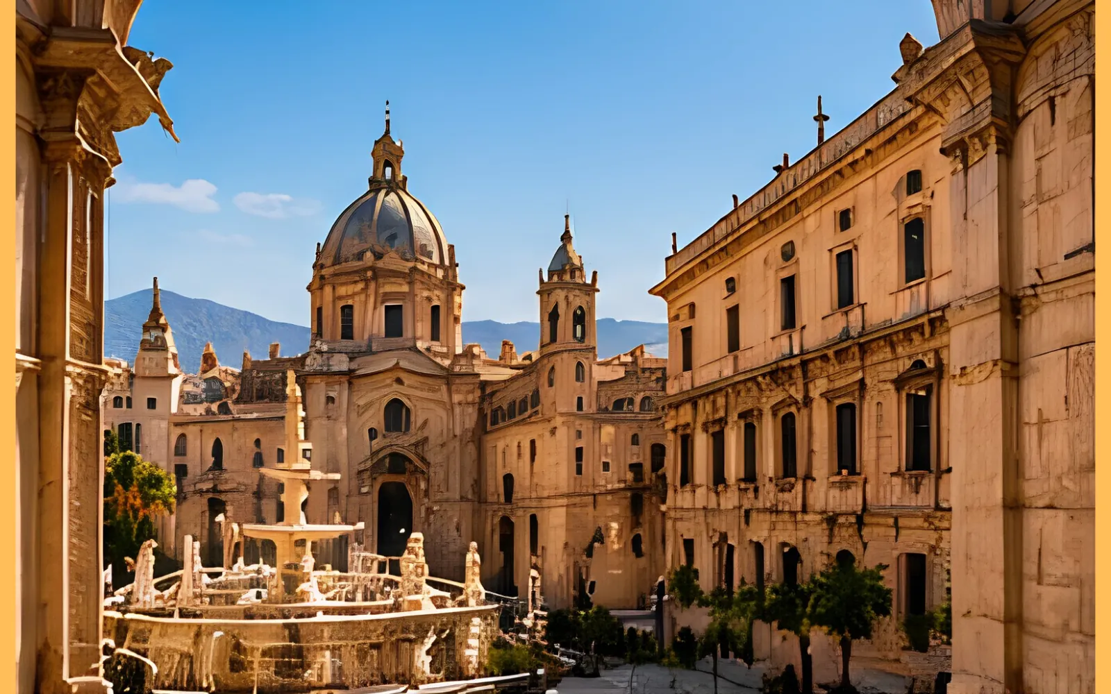 Architettura monumentale di Palermo e fontana barocca al sole