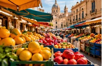 Banco vivace dei mercati storici con agrumi e colori della Sicilia